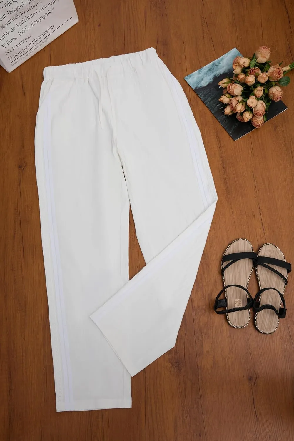 Womens Linen Pants with Pockets Casual Loose Drawstring High Waist Wide Leg Pants Summer Beach Pants S-3XL