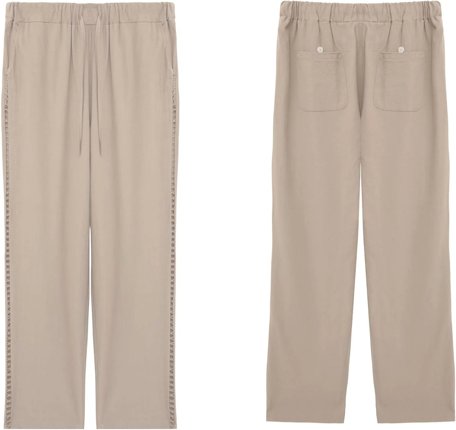 Womens Linen Pants with Pockets Casual Loose Drawstring High Waist Wide Leg Pants Summer Beach Pants S-3XL