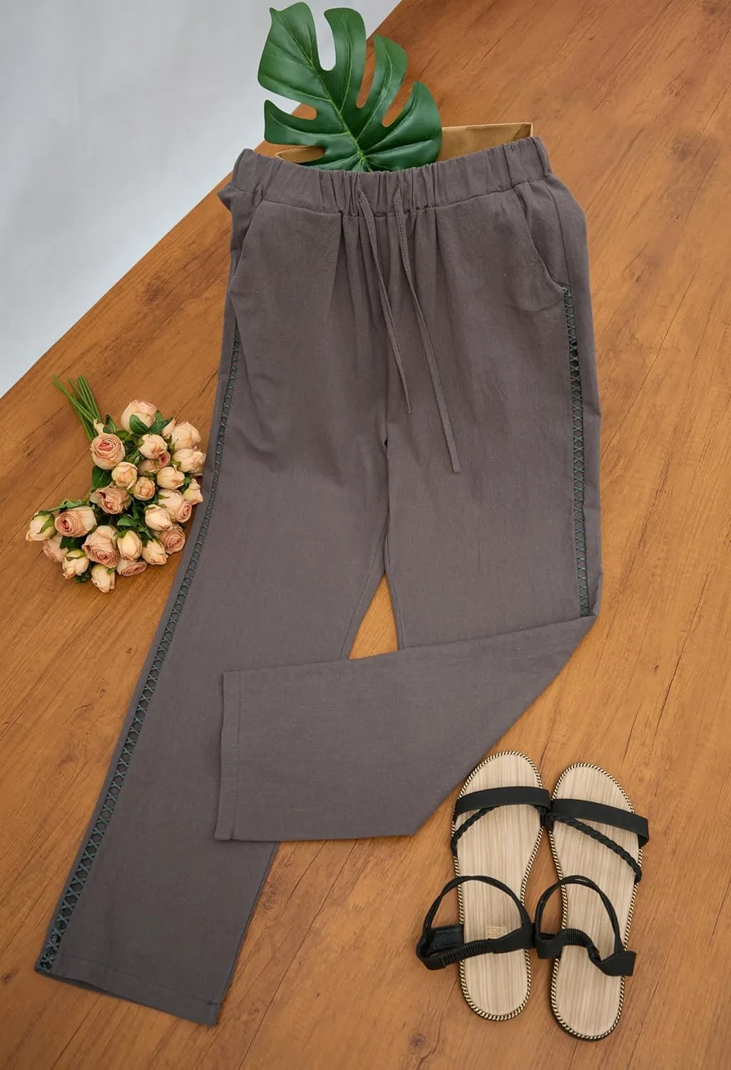 Womens Linen Pants with Pockets Casual Loose Drawstring High Waist Wide Leg Pants Summer Beach Pants S-3XL