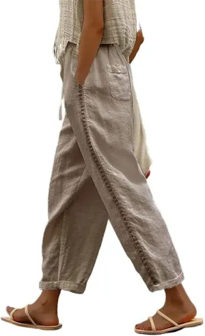 Womens Linen Pants with Pockets Casual Loose Drawstring High Waist Wide Leg Pants Summer Beach Pants S-3XL