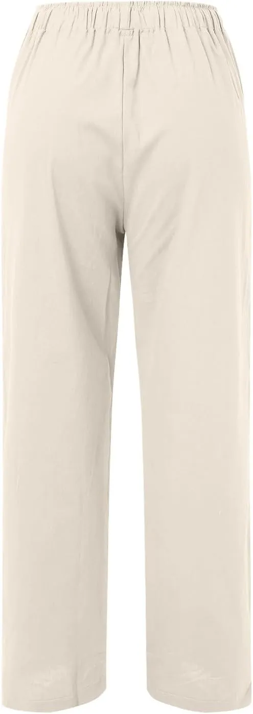 Women's Linen Summer Drawstring Pants High Waist Wide Leg Plus Size Trousers Travel