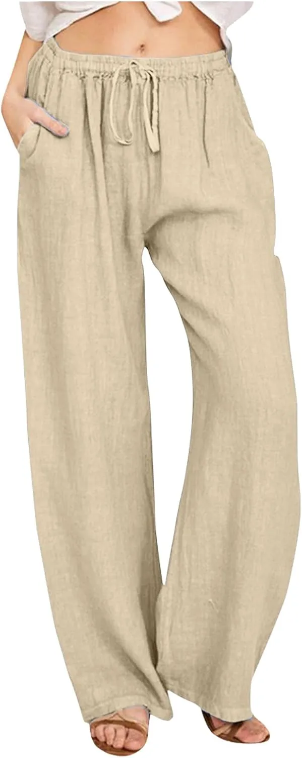 Women's Linen Summer Drawstring Pants High Waist Wide Leg Plus Size Trousers Travel