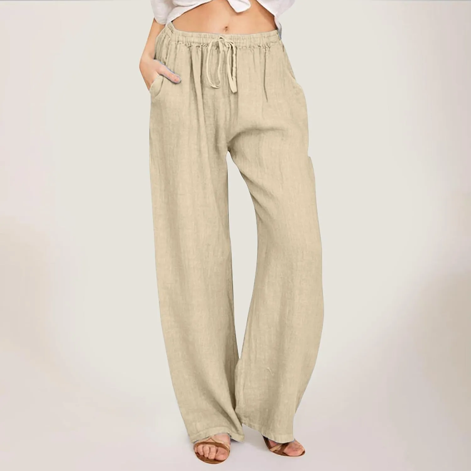 Women's Linen Summer Drawstring Pants High Waist Wide Leg Plus Size Trousers Travel