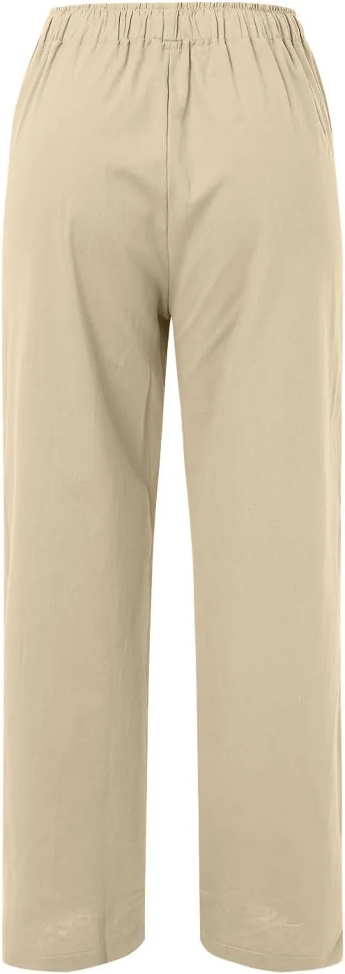 Women's Linen Summer Drawstring Pants High Waist Wide Leg Plus Size Trousers Travel