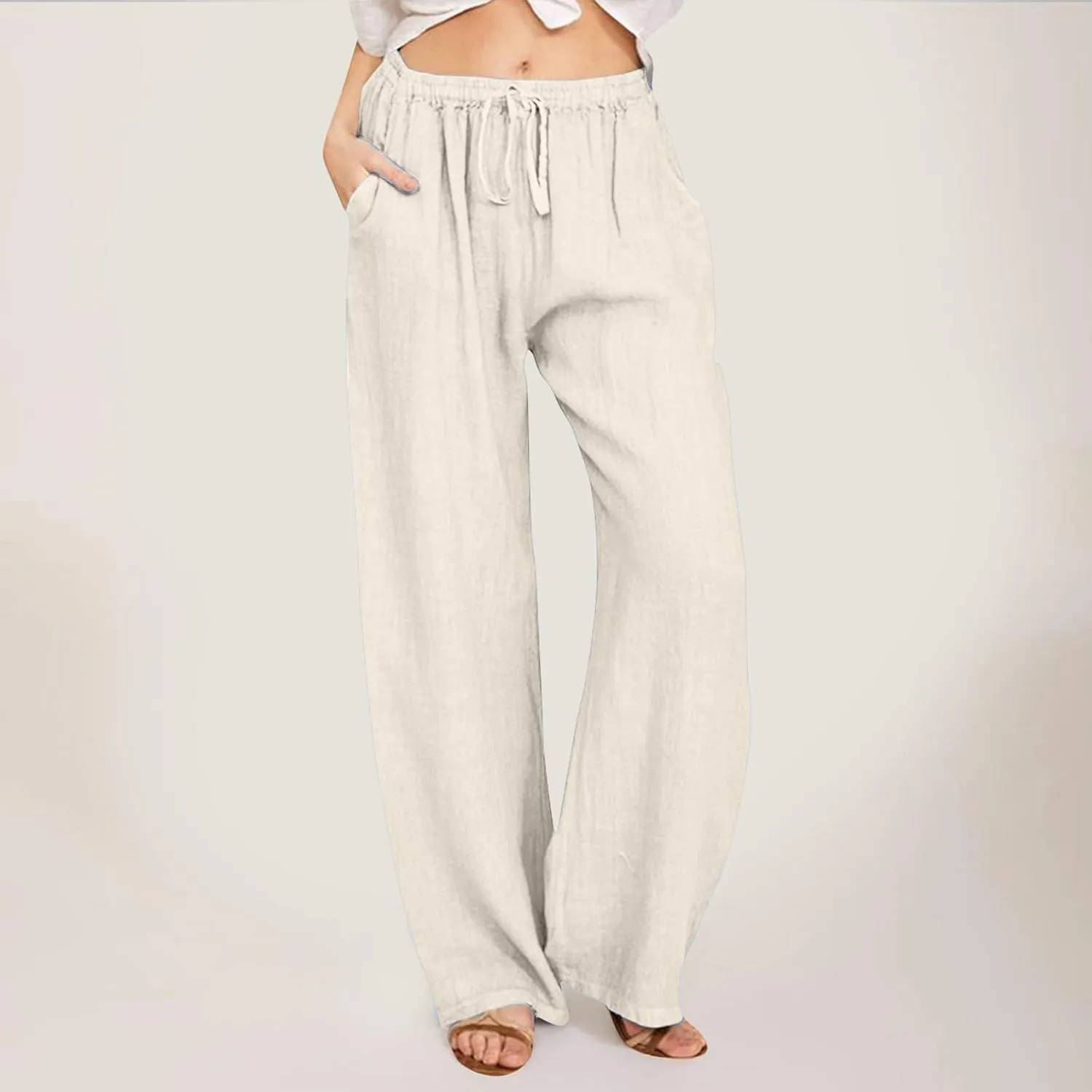 Women's Linen Summer Drawstring Pants High Waist Wide Leg Plus Size Trousers Travel
