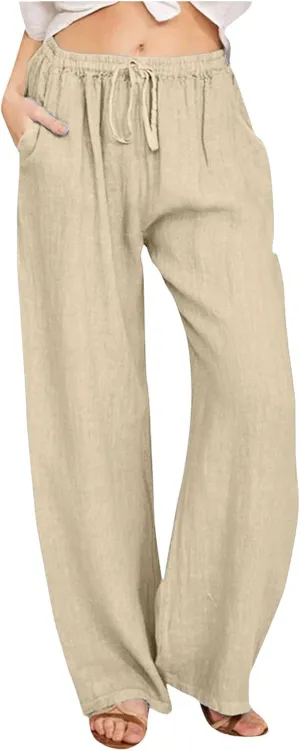 Women's Linen Summer Drawstring Pants High Waist Wide Leg Plus Size Trousers Travel