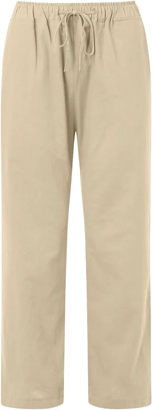 Women's Linen Summer Drawstring Pants High Waist Wide Leg Plus Size Trousers Travel
