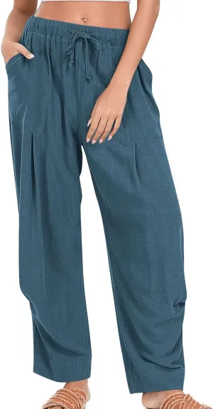Women's Linen Wide Leg Pants Summer Casual Loose Lightweigt Palazzo Harem Pants Travel Baggy Trousers with Pockets