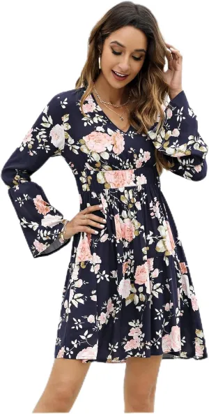 Women's Long Sleeve Floral Print Swing Mini Dress with Deep V Neck and Ruffle Detail