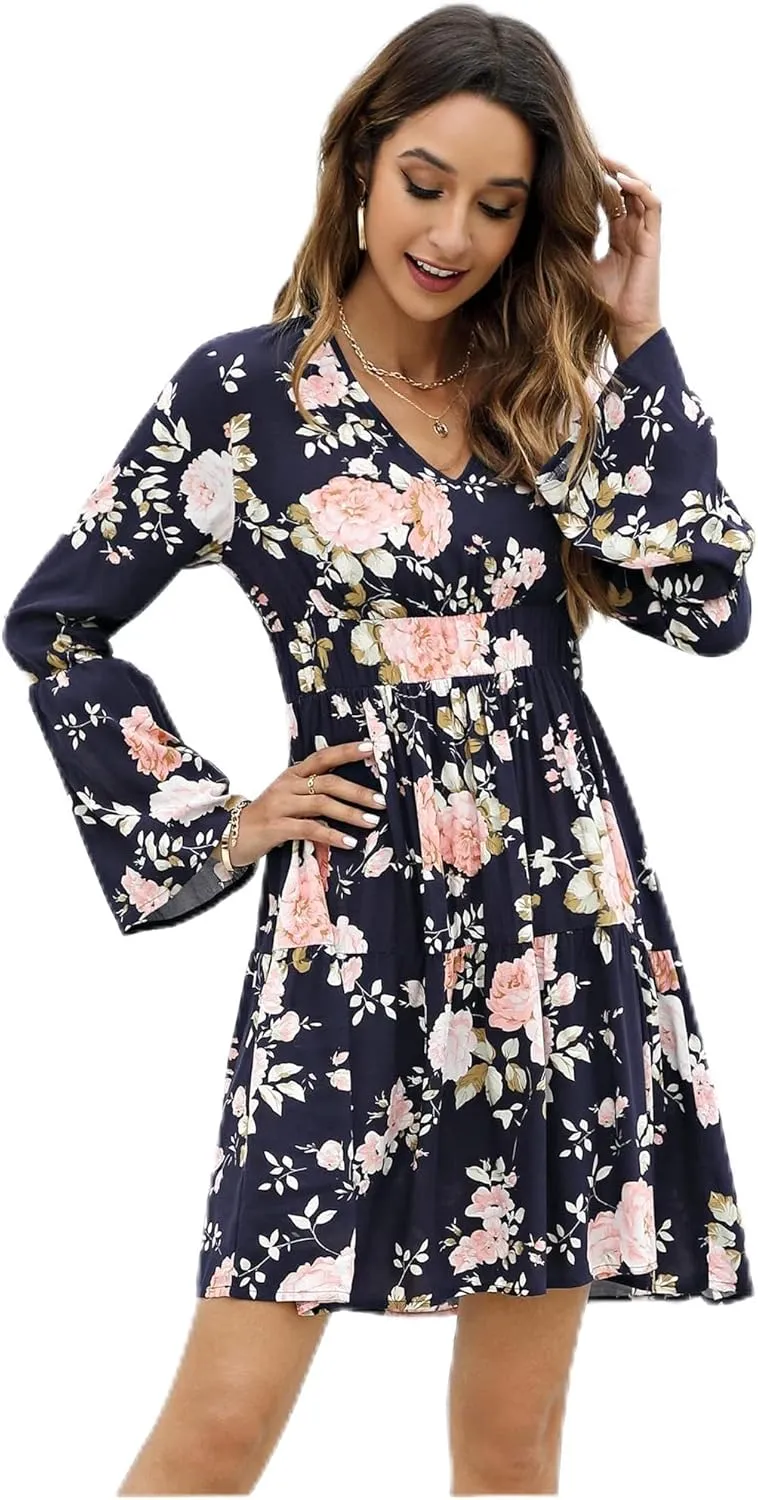 Women's Long Sleeve Floral Print Swing Mini Dress with Deep V Neck and Ruffle Detail