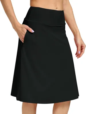 Womens Midi Knee-Length Skirt with Built-in Skorts Hidden Drawstring Zippered Pockets Appropriate for Working Casual Office