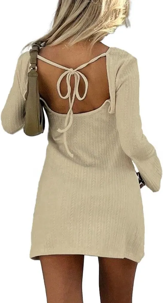 Womens Mini Dress Knit Crew Neck Flare Long Sleeve Tie Back Dress Casual Elegant Dress for Women Solid Backless Dress