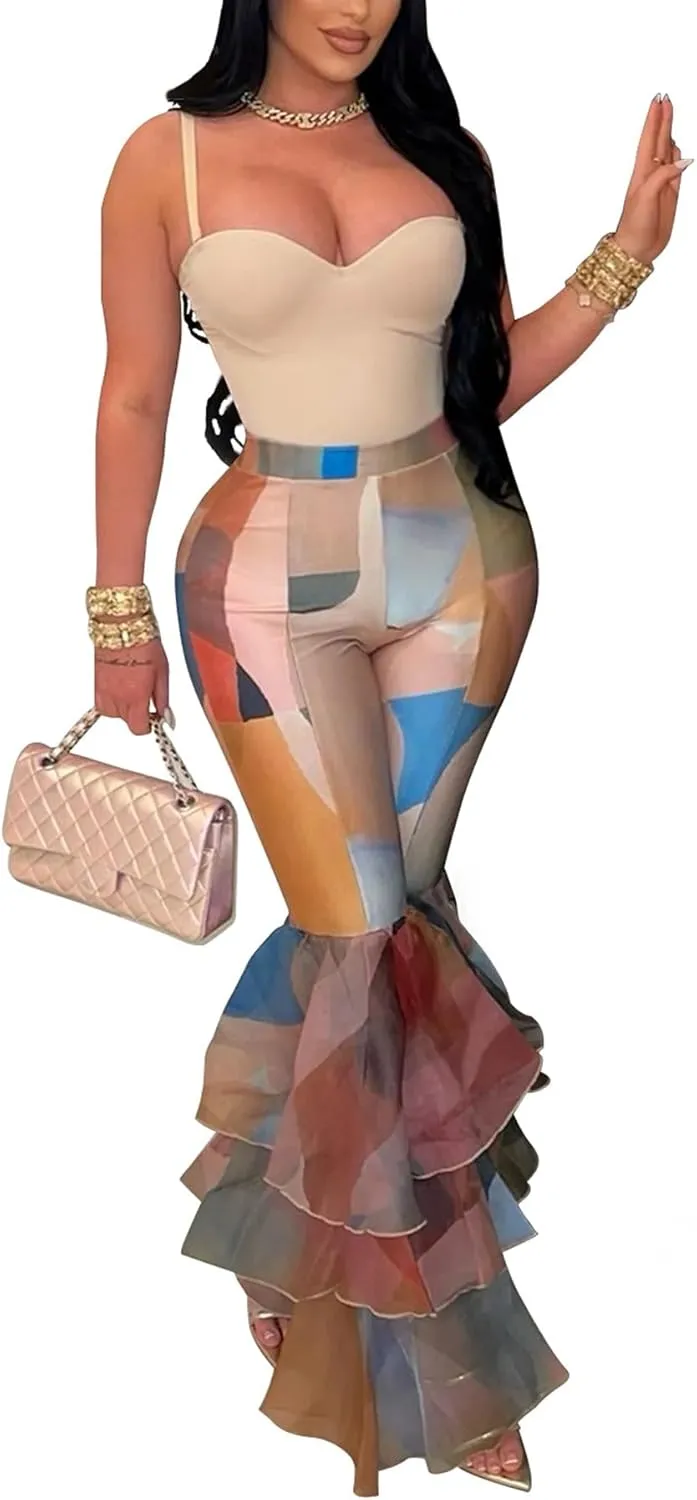 Women's Multi Ruffle Hem Flared Pants Printed High Waisted Bell Bottoms Fashion Trousers Bodycon Pants