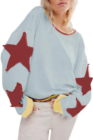 Women's Oversized Star Sweatshirt Long Sleeve Y2k Shirt Drop Shoulder Vintage Graphic Crewneck Jacket