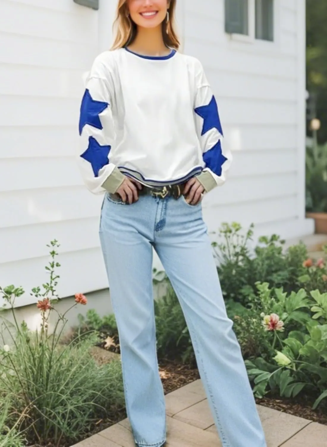 Women's Oversized Star Sweatshirt Long Sleeve Y2k Shirt Drop Shoulder Vintage Graphic Crewneck Jacket