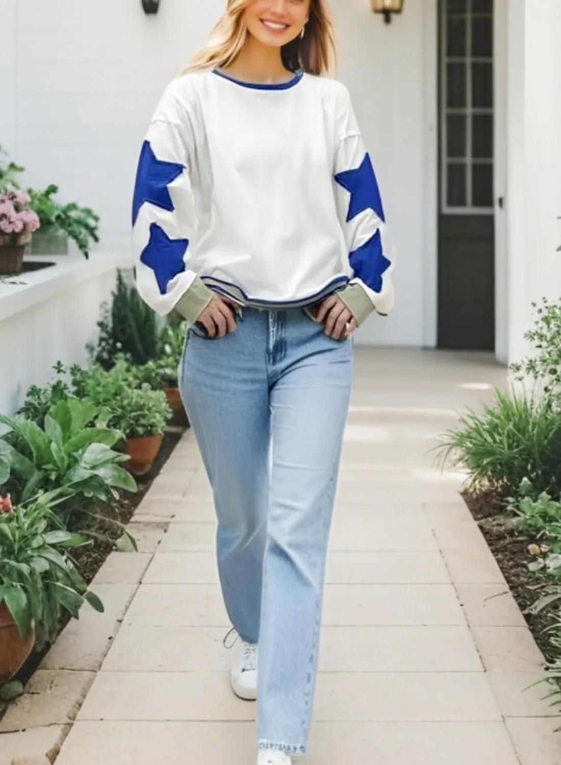 Women's Oversized Star Sweatshirt Long Sleeve Y2k Shirt Drop Shoulder Vintage Graphic Crewneck Jacket