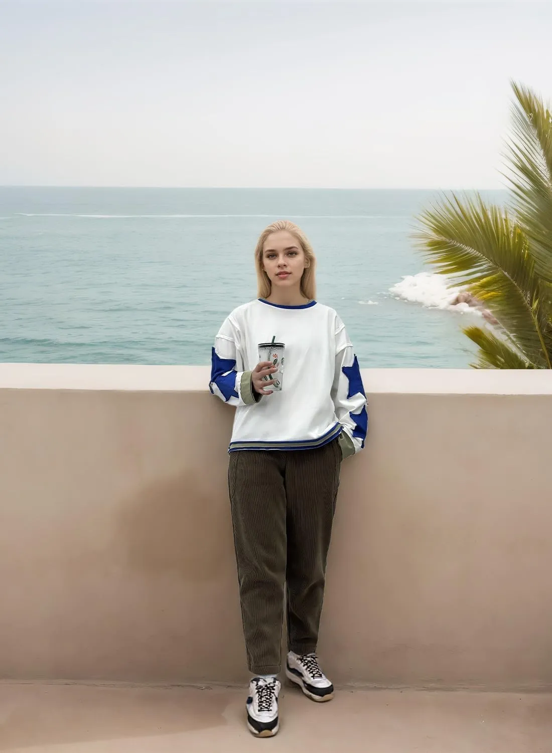 Women's Oversized Sweatshirt Long Sleeve Y2k Star Shirt Drop Shoulder Vintage Graphic Crewneck Top