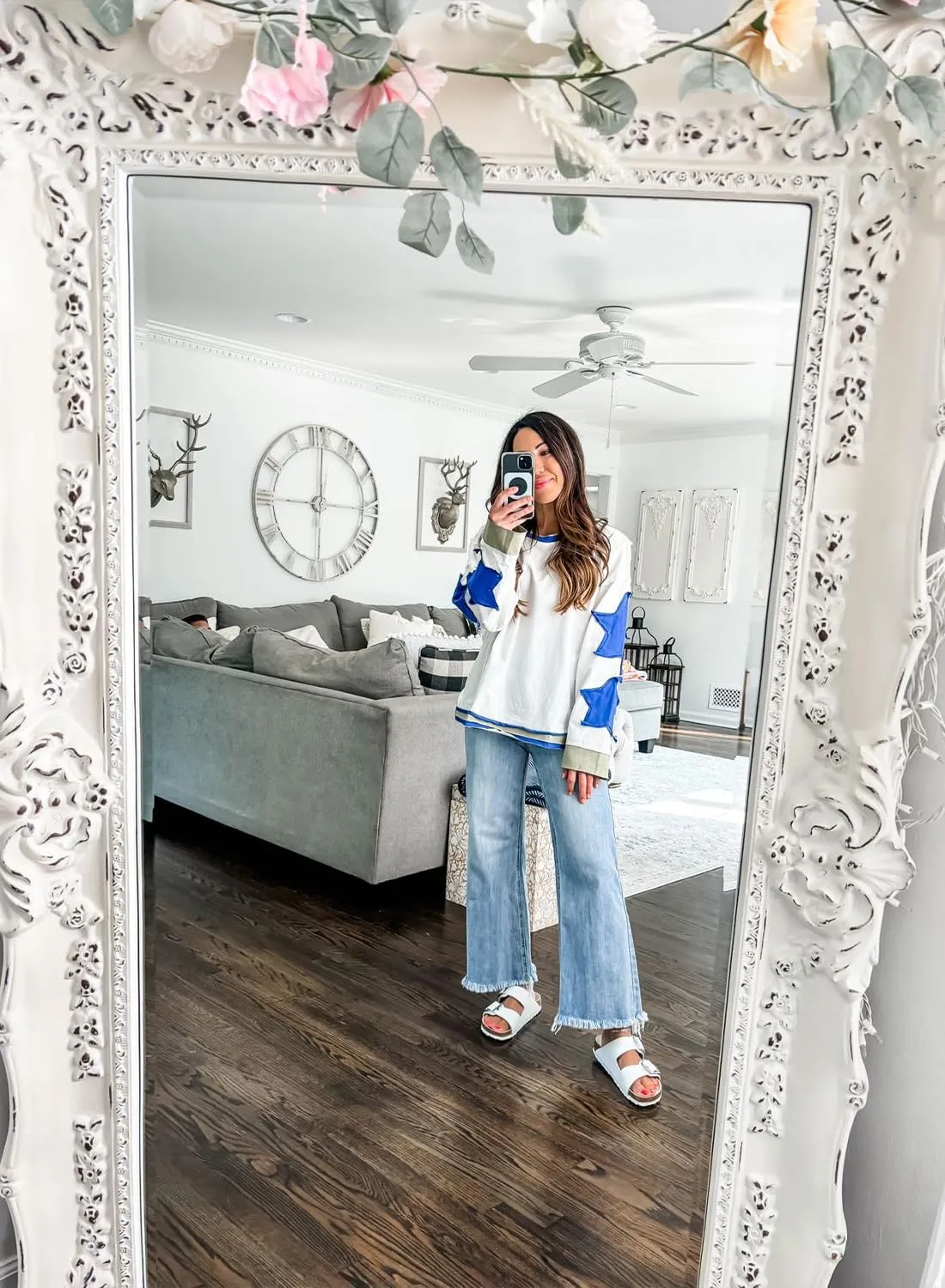 Women's Oversized Sweatshirt Long Sleeve Y2k Star Shirt Drop Shoulder Vintage Graphic Crewneck Top