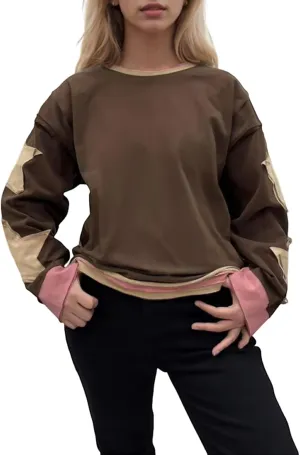 Women's Oversized Sweatshirt Long Sleeve Y2k Star Shirt Drop Shoulder Vintage Graphic Crewneck Top