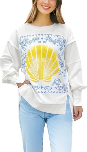 Women's Oversized Sweatshirt Long Sleeve Y2k Star Shirt Drop Shoulder Vintage Graphic Crewneck Top