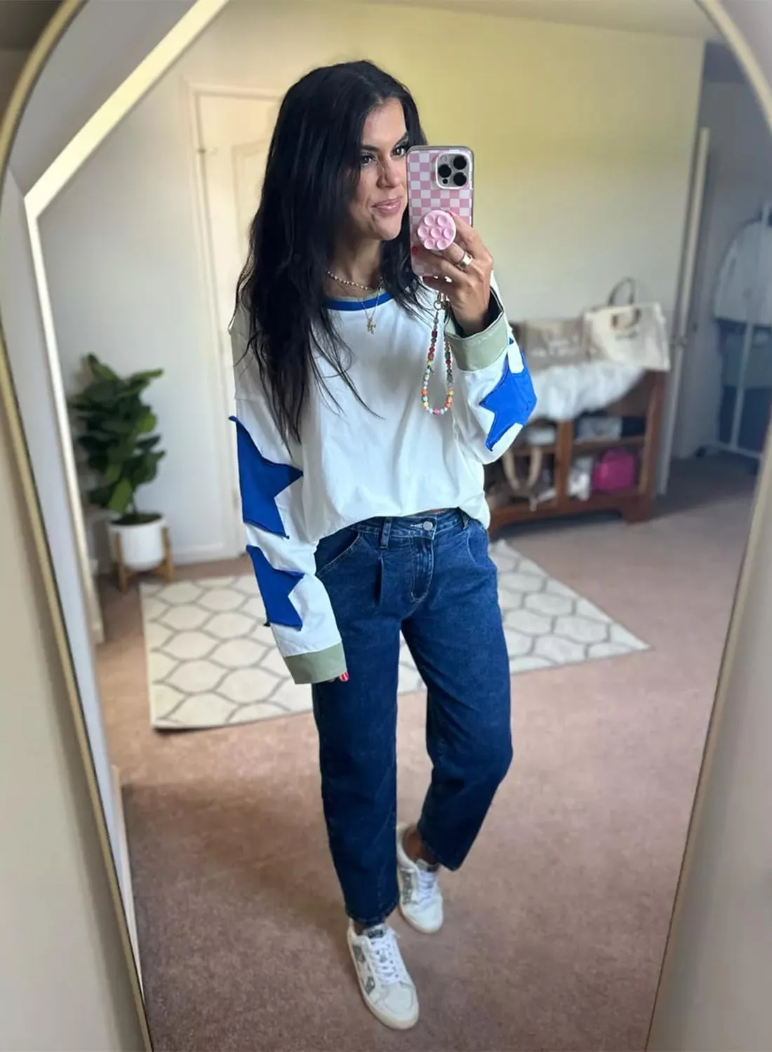 Women's Oversized Sweatshirt Long Sleeve Y2k Star Shirt Drop Shoulder Vintage Graphic Crewneck Top