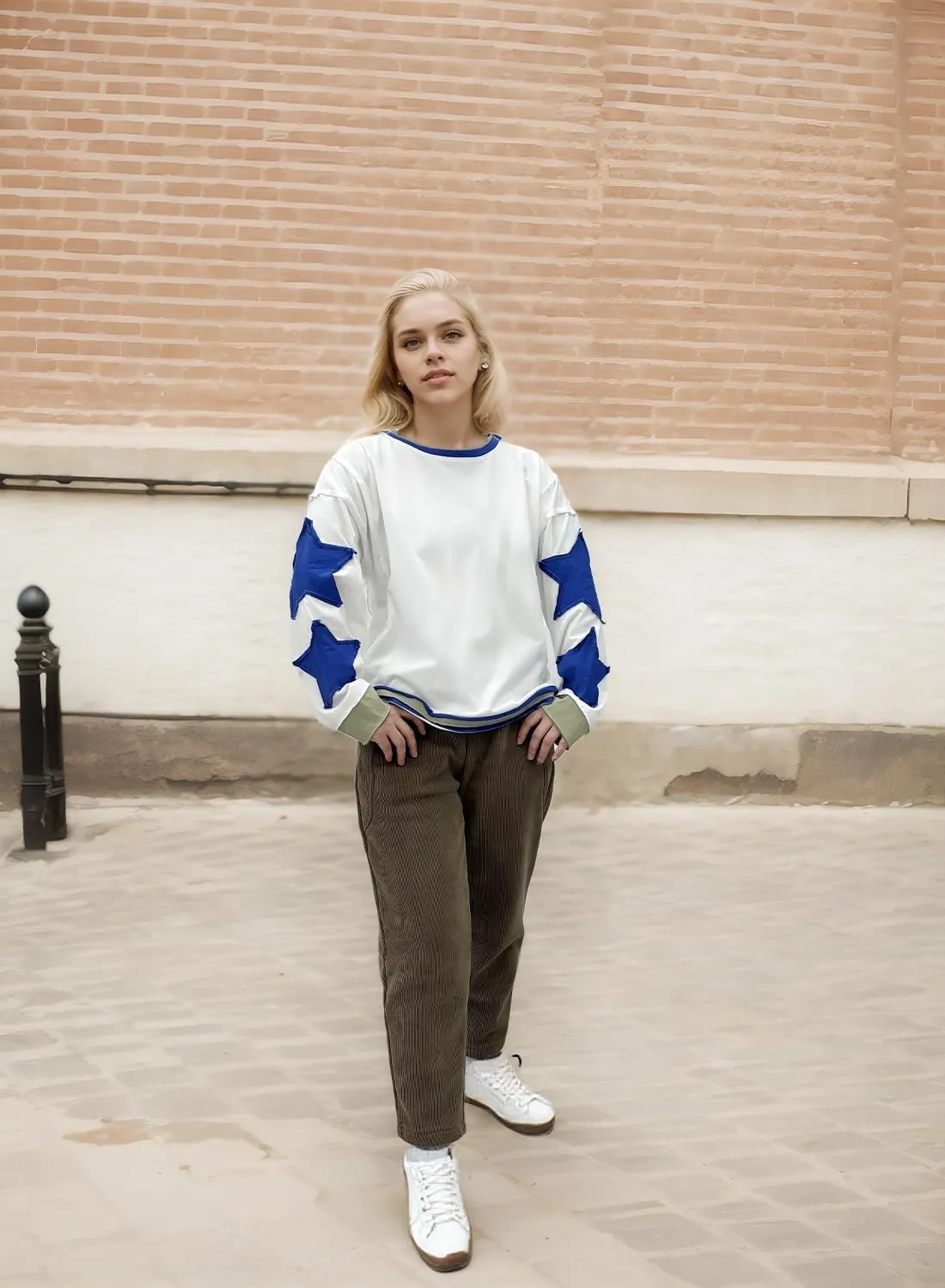 Women's Oversized Sweatshirt Long Sleeve Y2k Star Shirt Drop Shoulder Vintage Graphic Crewneck Top