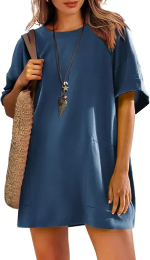 Womens Oversized T Shirt Dress Short Sleeve Crewneck Tunic Tops Basic Summer Casual Mini Short Dresses with Pockets