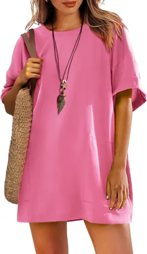 Womens Oversized T Shirt Dress Short Sleeve Crewneck Tunic Tops Basic Summer Casual Mini Short Dresses with Pockets