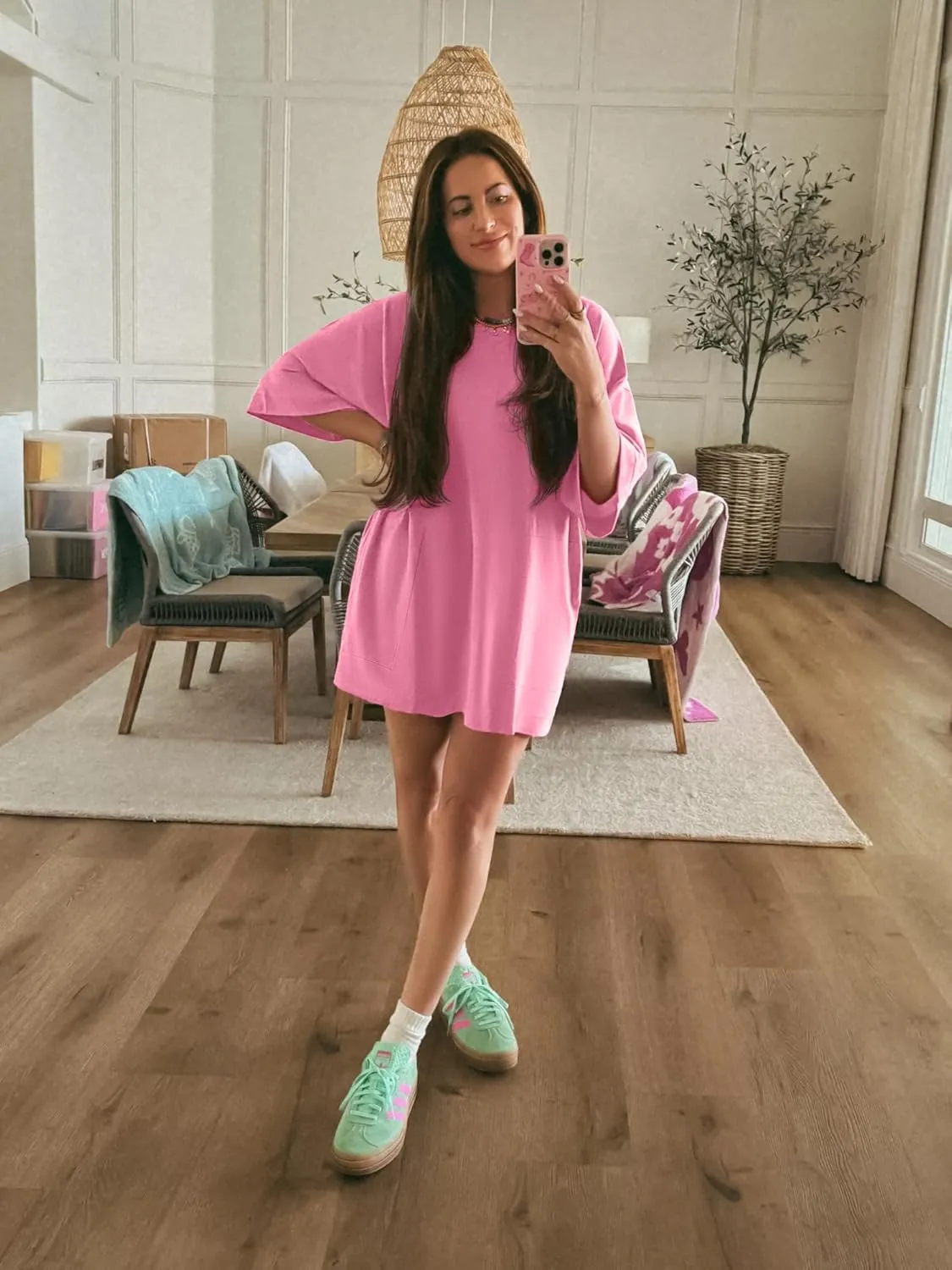 Womens Oversized T Shirt Dress Short Sleeve Crewneck Tunic Tops Basic Summer Casual Mini Short Dresses with Pockets