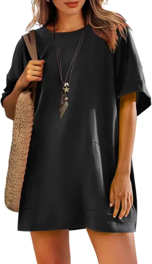 Womens Oversized T Shirt Dress Short Sleeve Crewneck Tunic Tops Basic Summer Casual Mini Short Dresses with Pockets