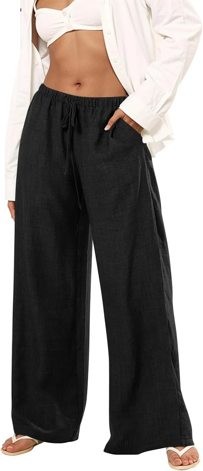 Women's Palazzo Linen Pants Elastic High Waisted Wide Leg Beach Pants Casual Summer Loose Flowy Trousers with Pockets