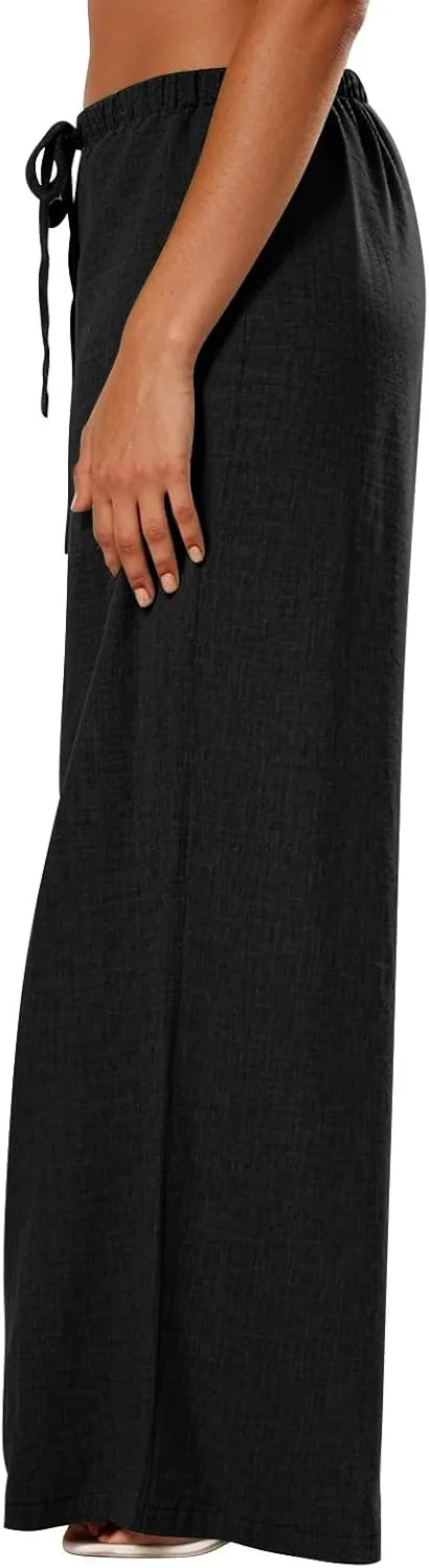Women's Palazzo Linen Pants Elastic High Waisted Wide Leg Beach Pants Casual Summer Loose Flowy Trousers with Pockets
