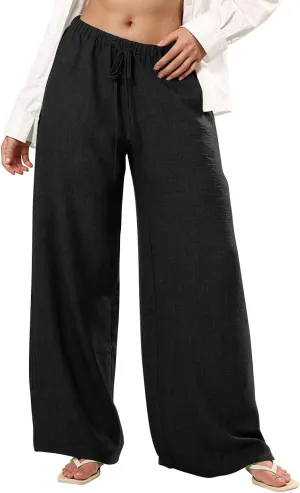 Women's Palazzo Linen Pants Elastic High Waisted Wide Leg Beach Pants Casual Summer Loose Flowy Trousers with Pockets