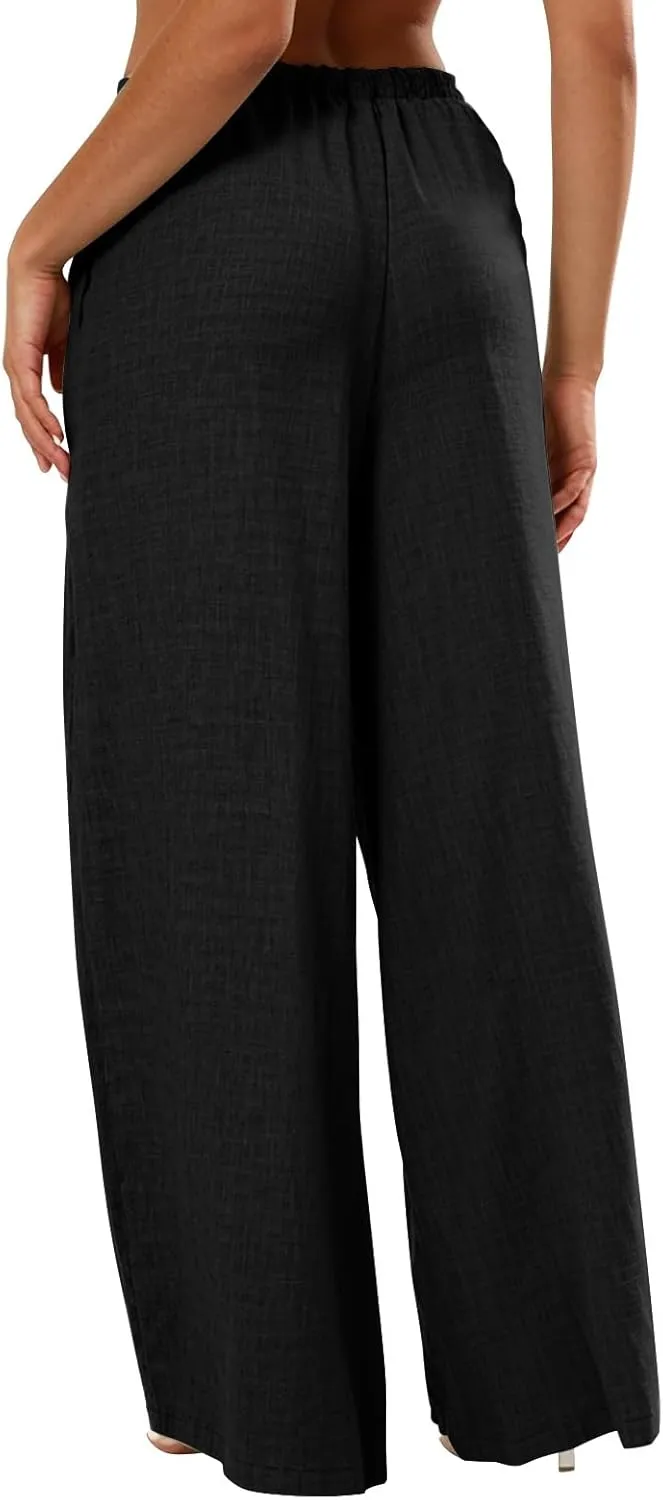Women's Palazzo Linen Pants Elastic High Waisted Wide Leg Beach Pants Casual Summer Loose Flowy Trousers with Pockets