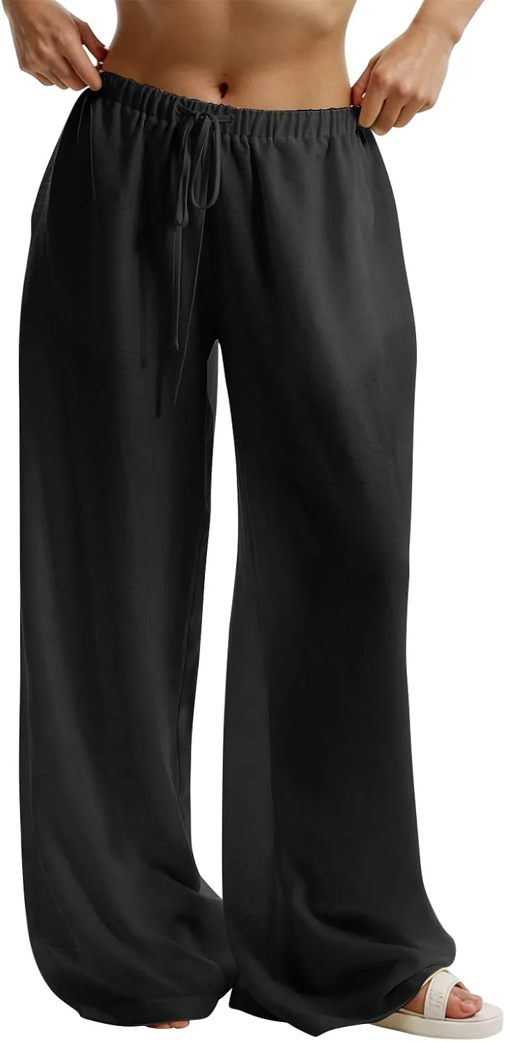 Women's Palazzo Linen Pants Elastic High Waisted Wide Leg Beach Pants Casual Summer Loose Flowy Trousers with Pockets