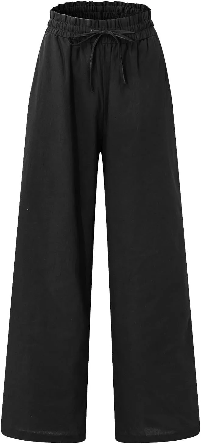 Women's Pants, Cotton Linen High Waisted Straight Leg Pants Wide Baggy Sweatpants