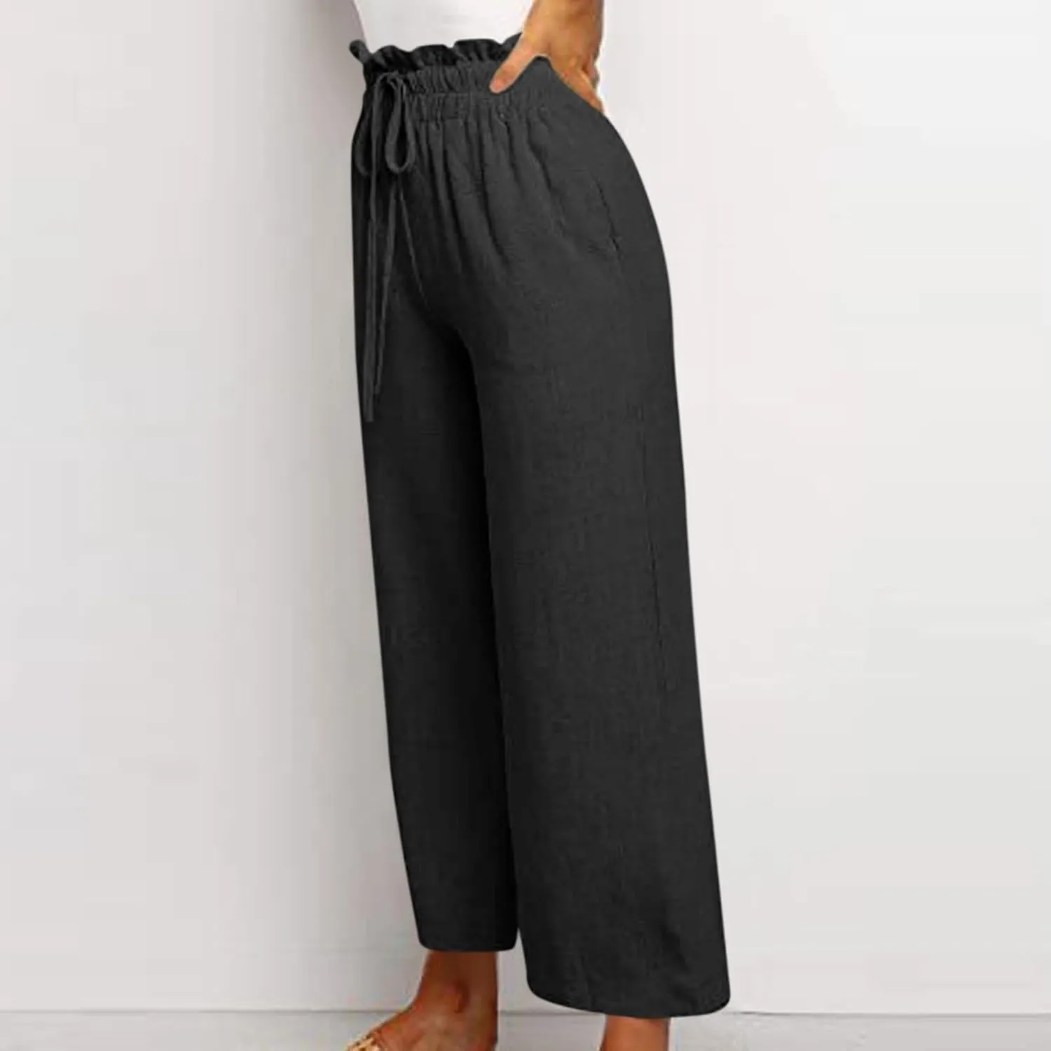 Women's Pants, Cotton Linen High Waisted Straight Leg Pants Wide Baggy Sweatpants