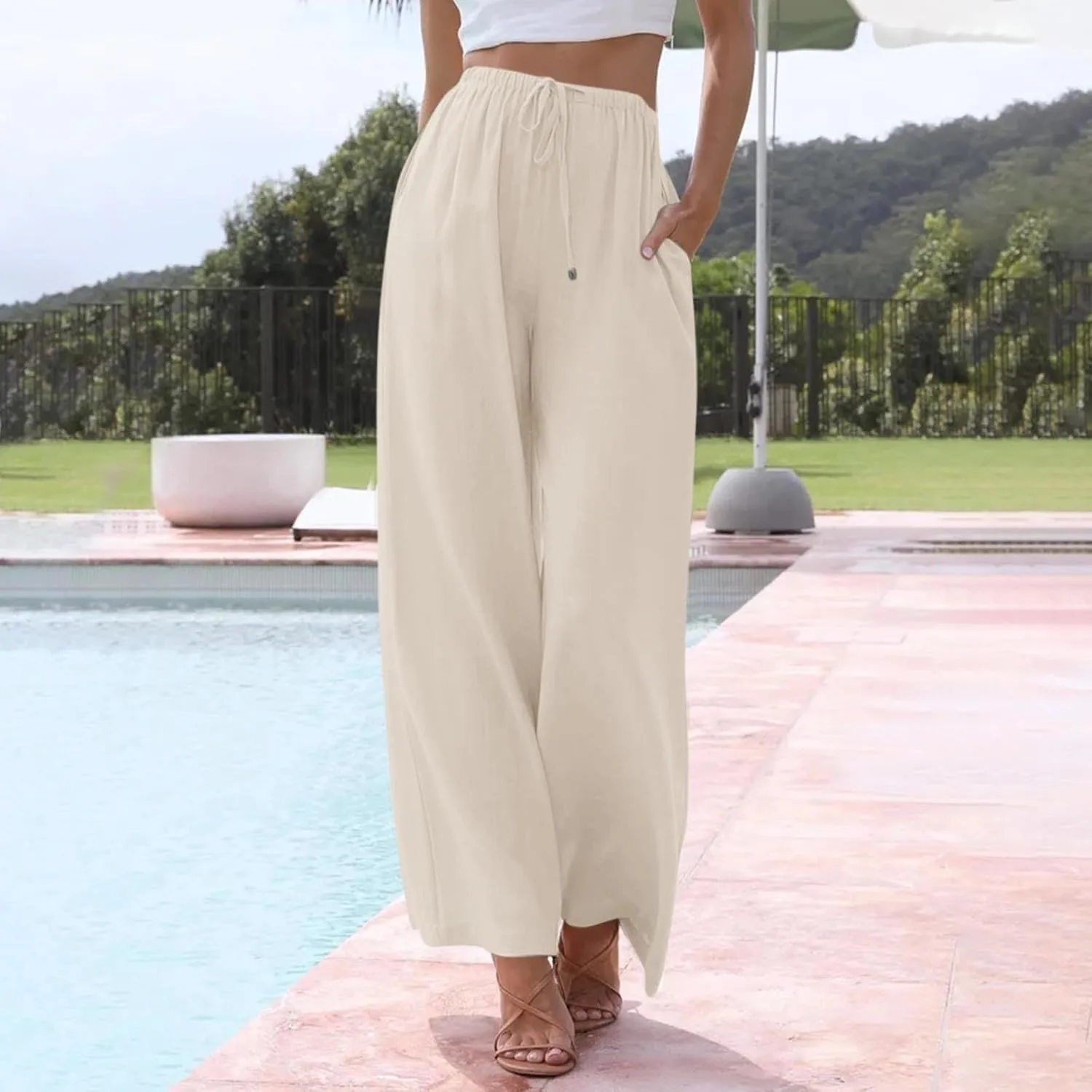 Women's Pants, Pants High Waisted Wide Leg Cotton Linen Straight Lightweight Sweatpants