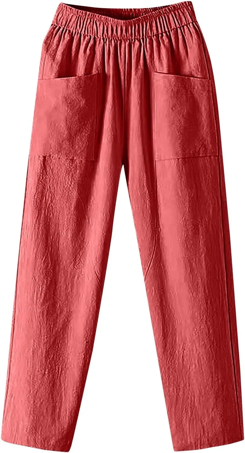Womens Pants, Peasant Pants Linen Straight Leg Trendy Casual Loose Cotton Wide