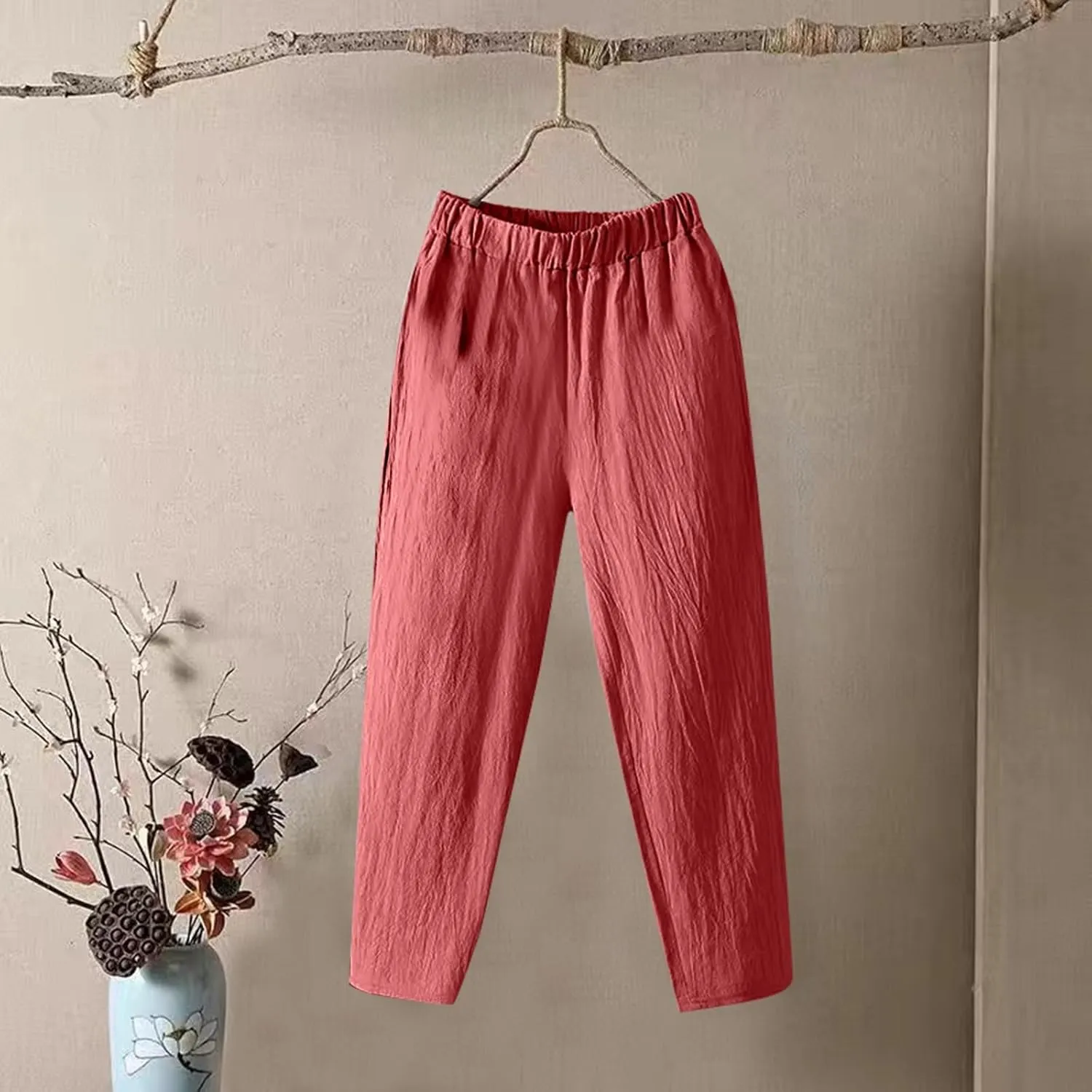 Womens Pants, Peasant Pants Linen Straight Leg Trendy Casual Loose Cotton Wide