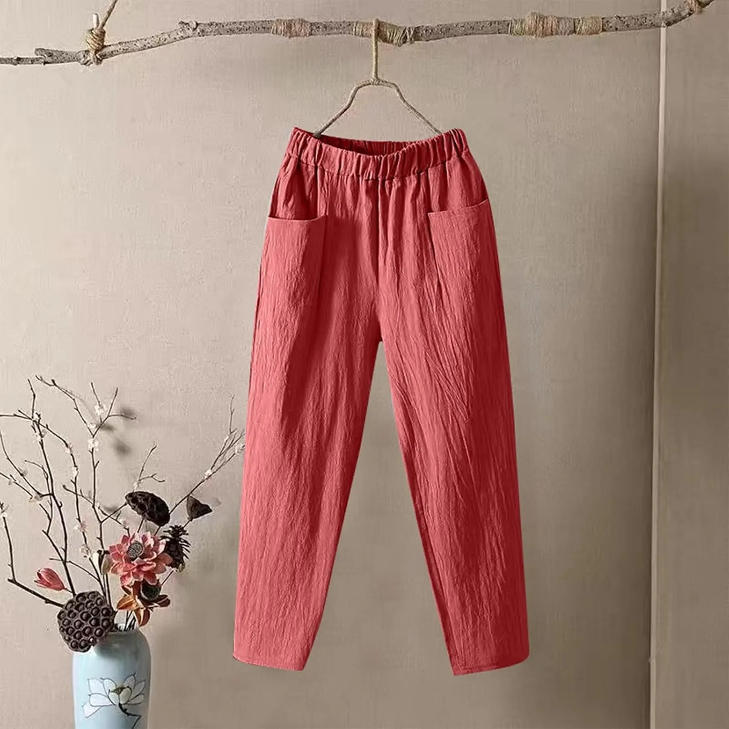 Womens Pants, Peasant Pants Linen Straight Leg Trendy Casual Loose Cotton Wide