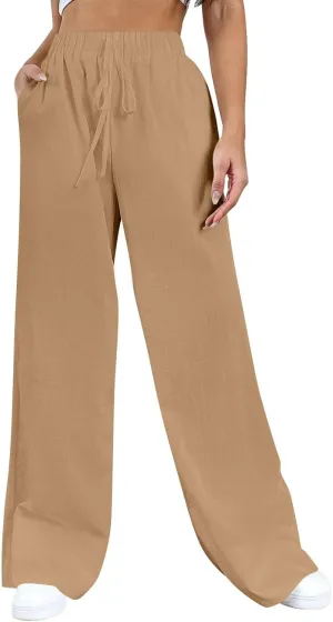 Women's Pants, Straight Leg Wide High Waisted Cotton Linen Pants Summmer Oversized