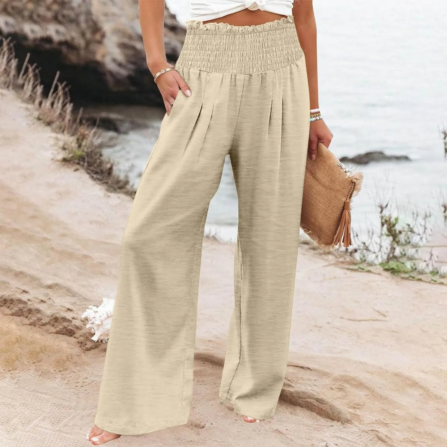 Women's Pants Summer High Waisted Wide Leg Trousers Loose Cotton Linen Palazzo Pant Casual Slacks Vacation Outfits