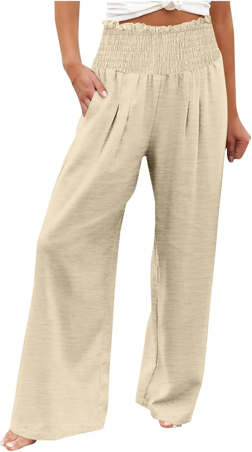 Women's Pants Summer High Waisted Wide Leg Trousers Loose Cotton Linen Palazzo Pant Casual Slacks Vacation Outfits