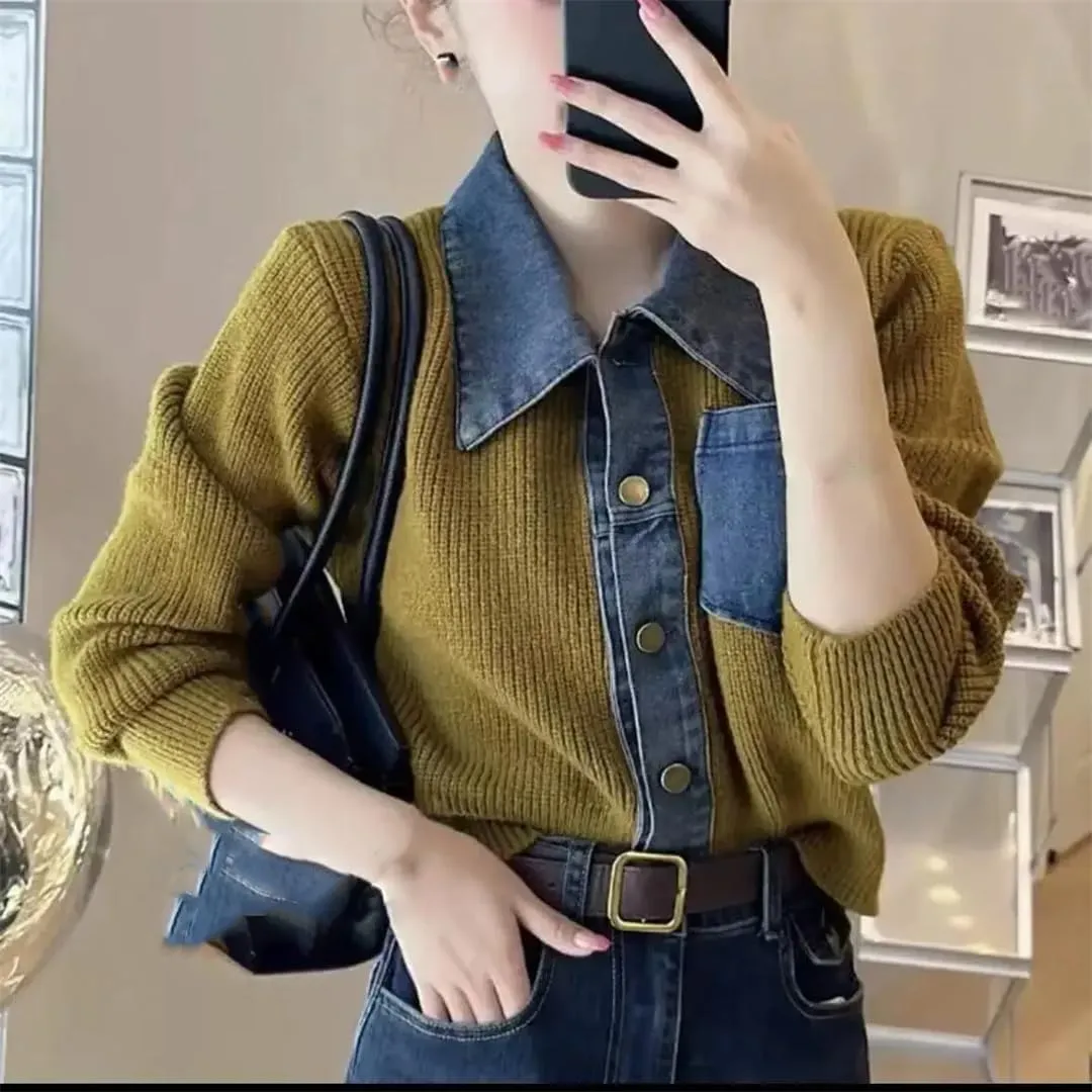 Women's Patchwork Denim Jacket with Lapel Collar and Button Closure