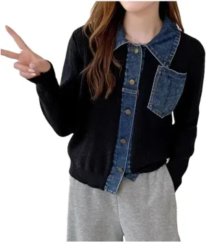 Women's Patchwork Denim Jacket with Lapel Collar and Button Closure