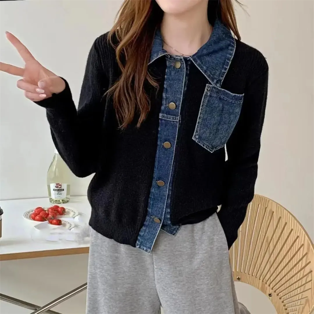 Women's Patchwork Denim Jacket with Lapel Collar and Button Closure