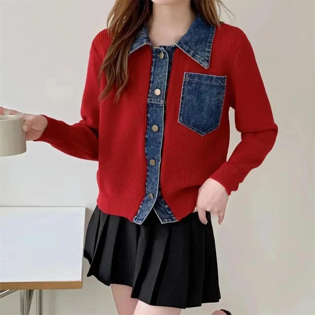 Women's Patchwork Denim Jacket with Lapel Collar and Button Closure