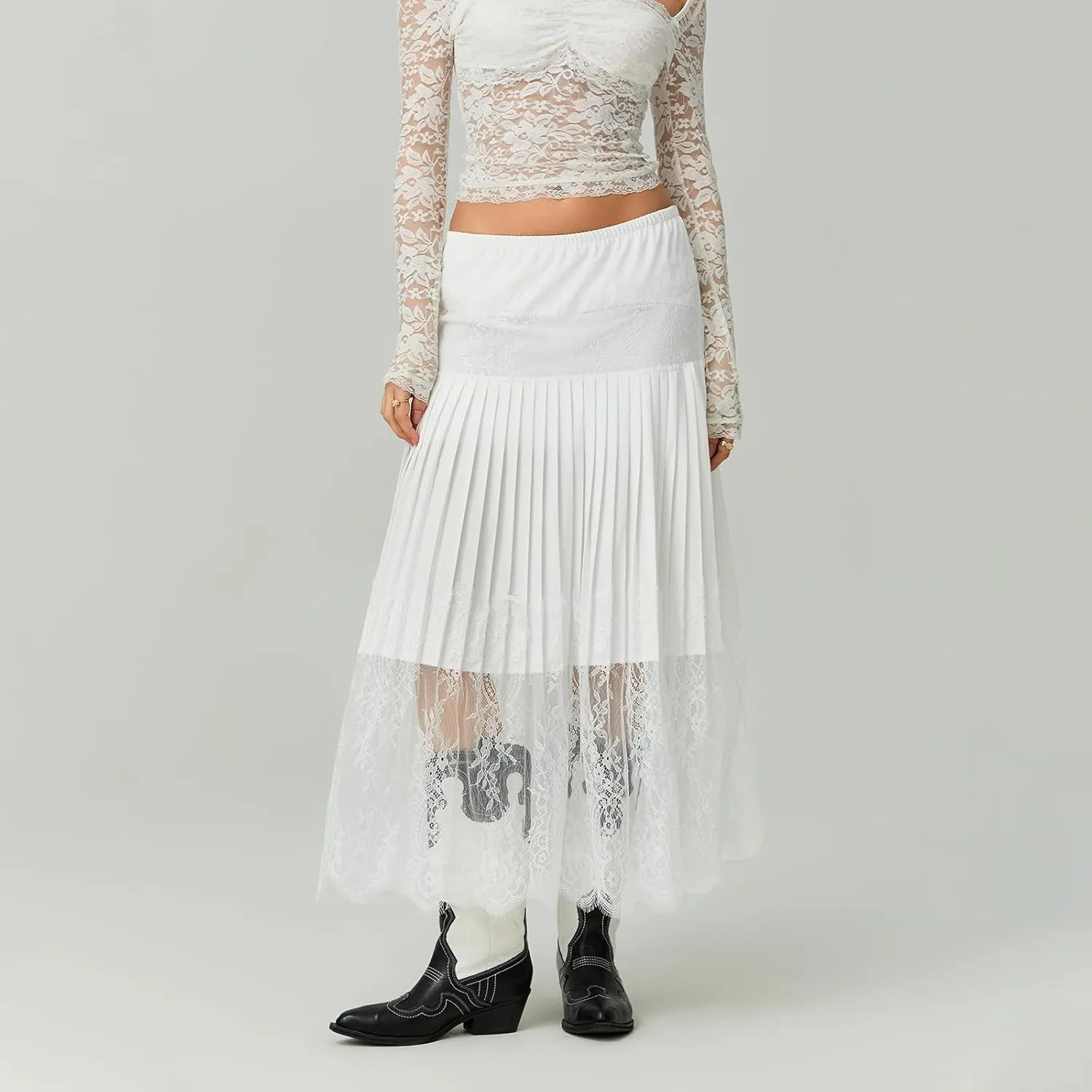 Women's Patchwork Floral Lace Hem Midi Skirt Elastic Waist Low Rise A Line Skirt Summer Casual Pleated Flowy Skirt