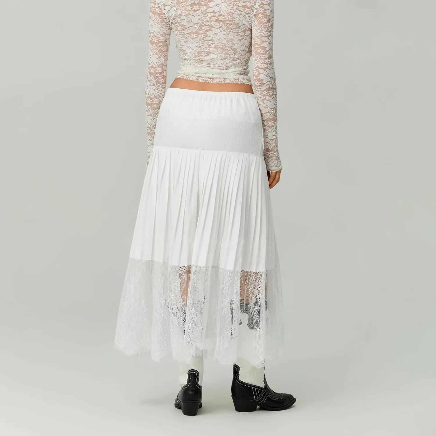 Women's Patchwork Floral Lace Hem Midi Skirt Elastic Waist Low Rise A Line Skirt Summer Casual Pleated Flowy Skirt